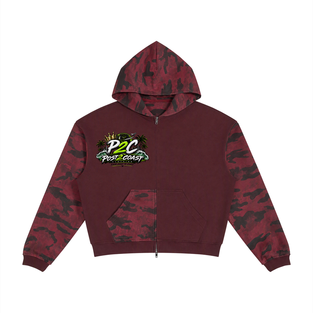 Unisex Colorblock Camo Full Zip Boxy Hoodie